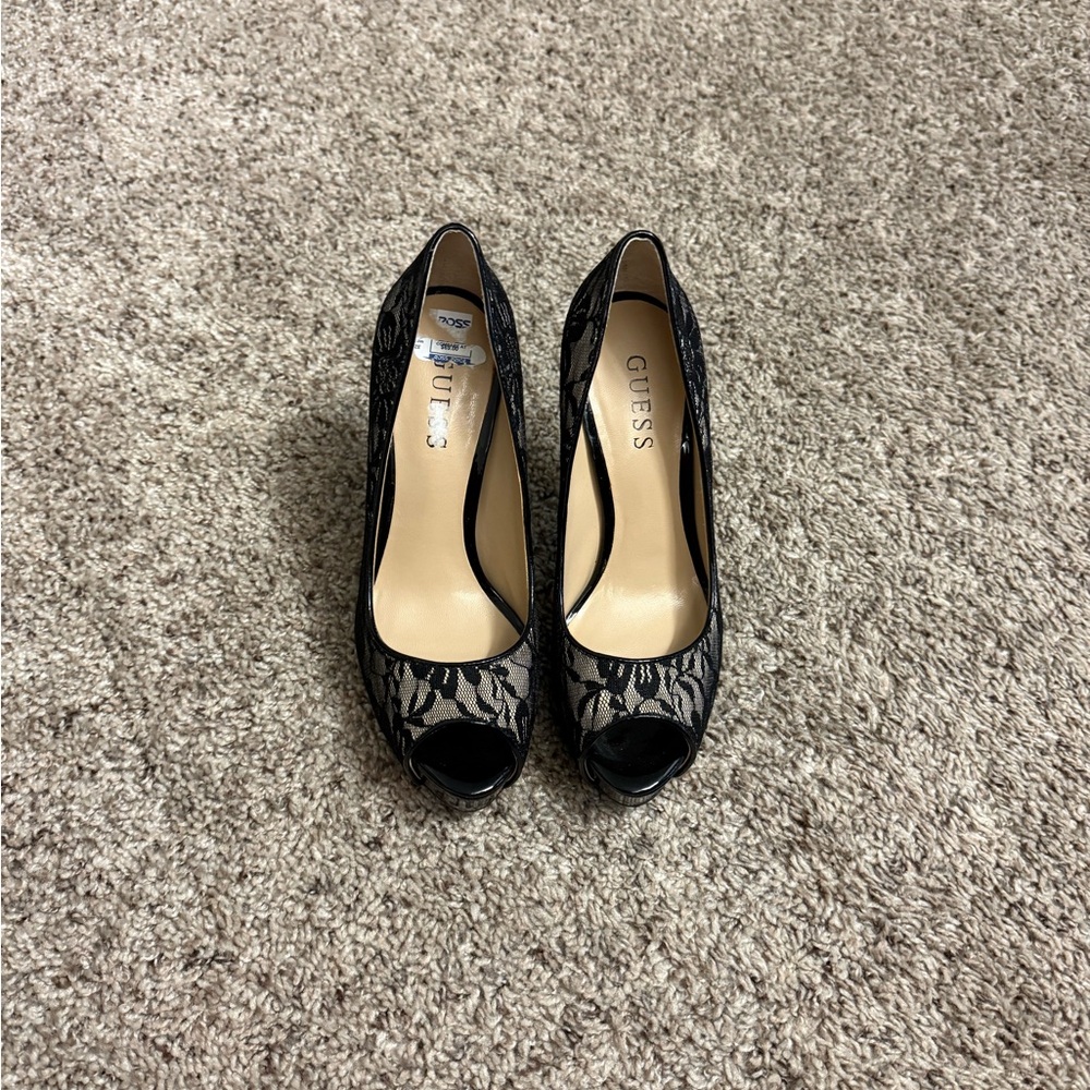 Guess Black Lace Peep Toe Heels